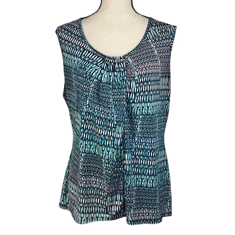 Worthington Large Top Abstract Stretch Sleeveless Pleated Scoop Neck Lightweight
